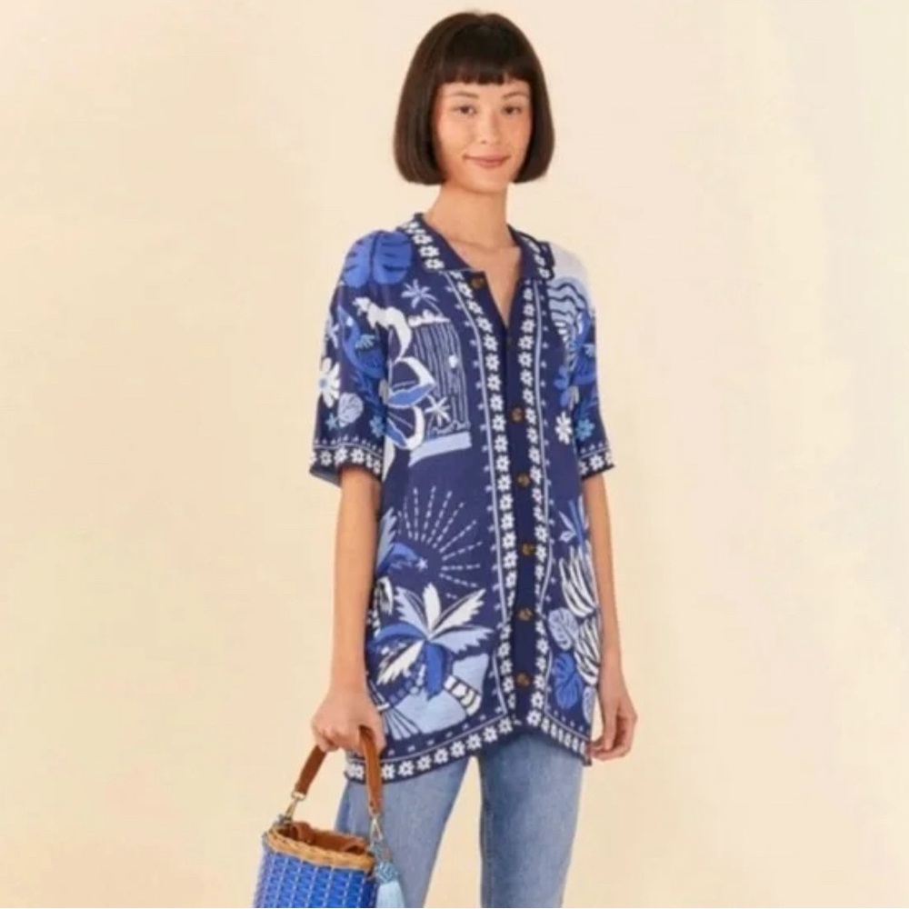 NWT Farm Rio Blue Tiles knit Button down Sz XL